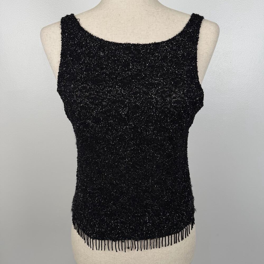Vintage Y2K E N T Entrancy Black Metallic Shimmer Beaded Fringe Tank Top
